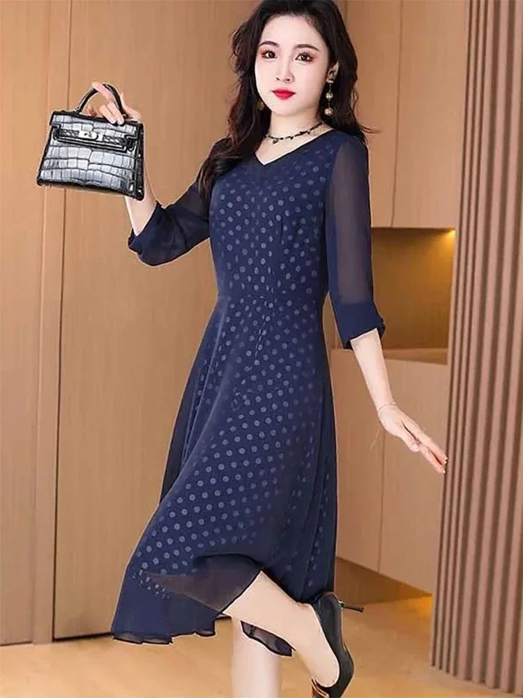 Elegant V - Neck Printed Spliced Chiffon Polka Dot Midi Dress Women's Clothing 2025 Spring Summer New Loose Chic - PratSN