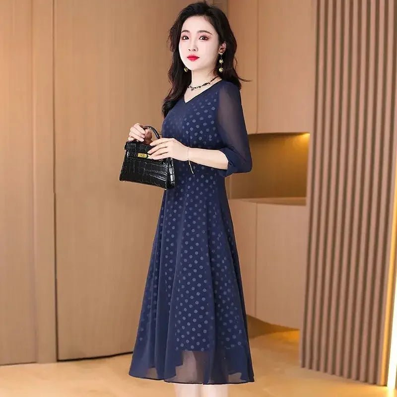 Elegant V - Neck Printed Spliced Chiffon Polka Dot Midi Dress Women's Clothing 2025 Spring Summer New Loose Chic - PratSN
