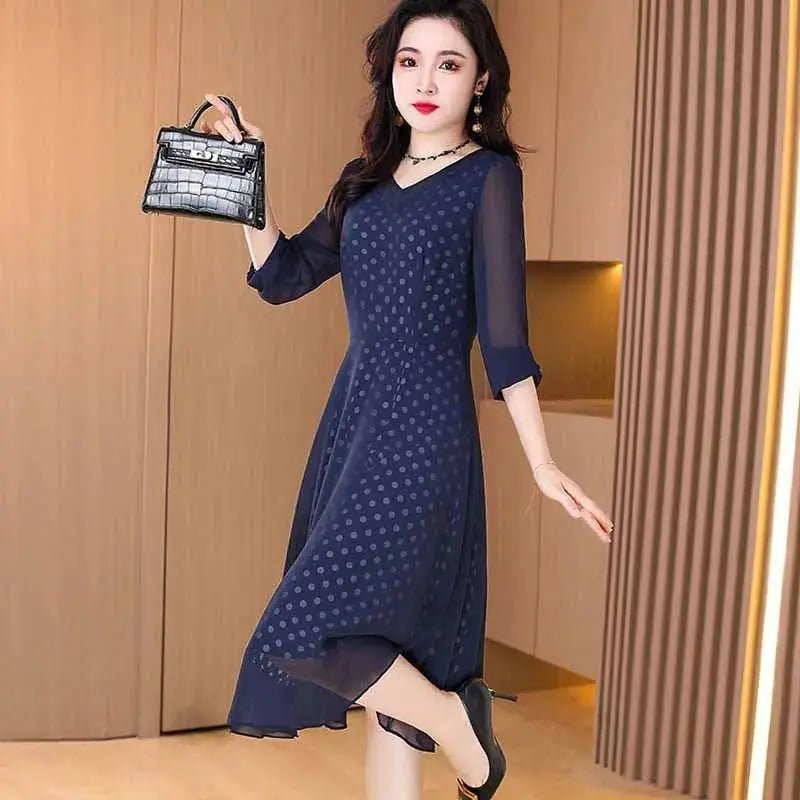 Elegant V-Neck Printed Spliced Chiffon Polka Dot Midi Dress Women's Clothing 2025 Spring Summer New Loose Chic Ladies Dresses - PratSN Elegant V-Neck Printed Spliced Chiffon Polka Dot Midi Dress Women's Clothing 2025 Spring Summer New Loose Chic Ladies Dresses - PratSN
