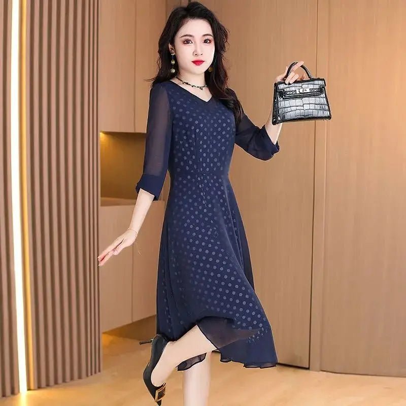 Elegant V - Neck Printed Spliced Chiffon Polka Dot Midi Dress Women's Clothing 2025 Spring Summer New Loose Chic - PratSN