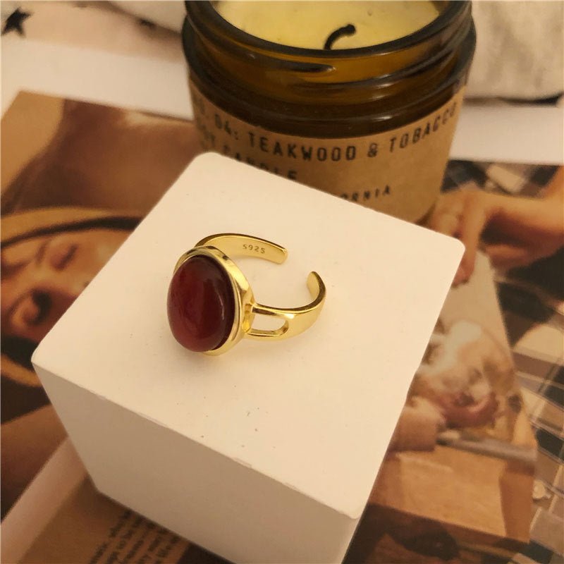 Elegant Vintage French Style Red Agate Open Ring 925 Sterling Silver Ruby Gemstone Opening Finger Ring - PratSN