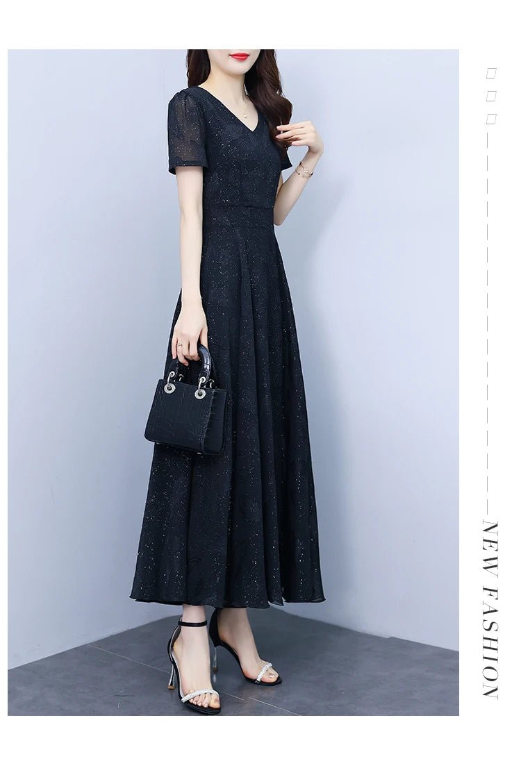 Elegant Women Long Dress 2025 Short Sleeve Summer Dress V - neck Slim A - line Jacquard Chiffon Dress Lady Vestidos - PratSN
