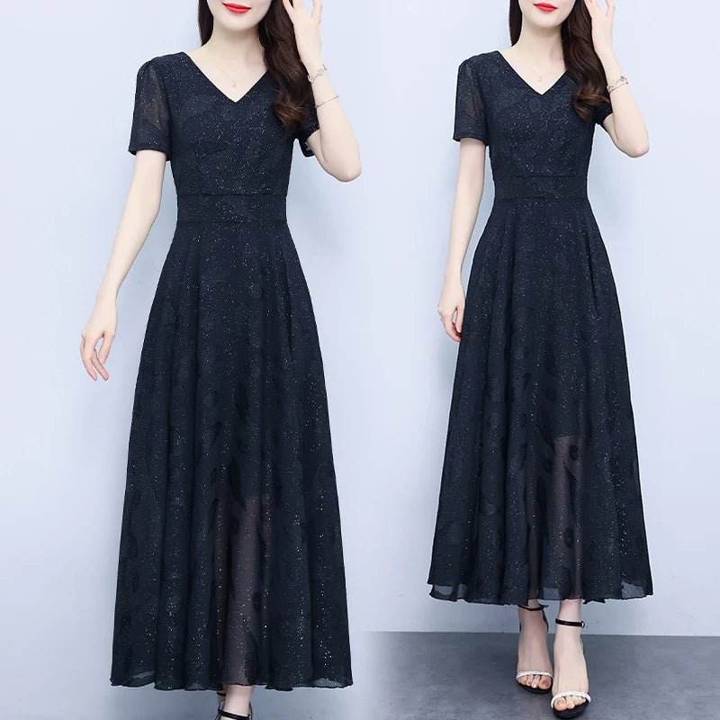 Elegant Women Long Dress 2025 Short Sleeve Summer Dress V - neck Slim A - line Jacquard Chiffon Dress Lady Vestidos - PratSN
