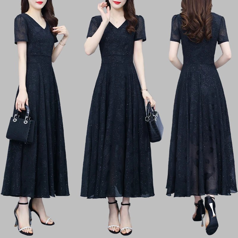 Elegant Women Long Dress 2025 Short Sleeve Summer Dress V - neck Slim A - line Jacquard Chiffon Dress Lady Vestidos - PratSN