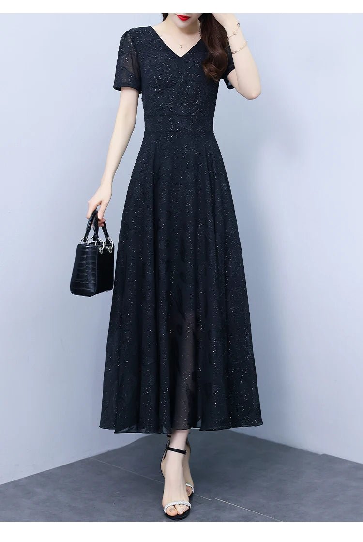 Elegant Women Long Dress 2025 Short Sleeve Summer Dress V - neck Slim A - line Jacquard Chiffon Dress Lady Vestidos - PratSN