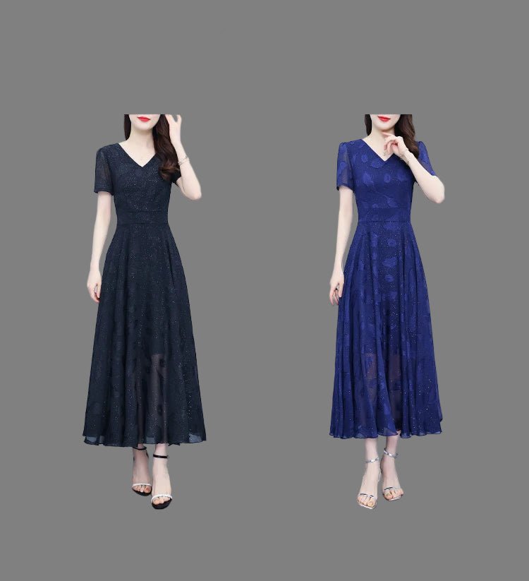 Elegant Women Long Dress 2025 Short Sleeve Summer Dress V - neck Slim A - line Jacquard Chiffon Dress Lady Vestidos - PratSN