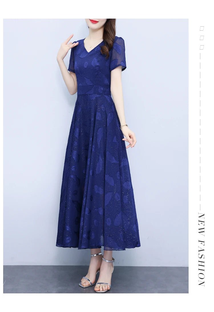 Elegant Women Long Dress 2025 Short Sleeve Summer Dress V - neck Slim A - line Jacquard Chiffon Dress Lady Vestidos - PratSN