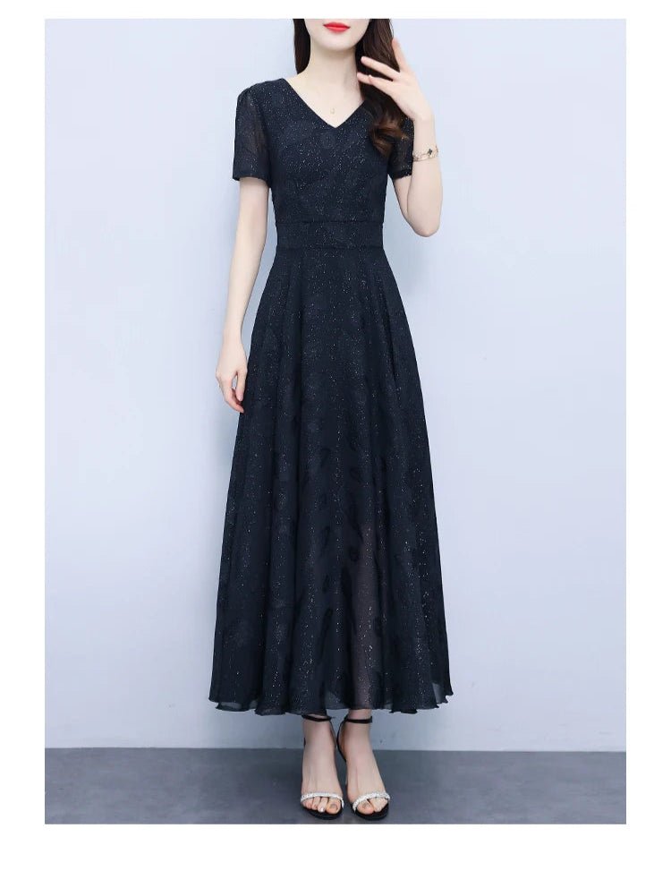 Elegant Women Long Dress 2025 Short Sleeve Summer Dress V - neck Slim A - line Jacquard Chiffon Dress Lady Vestidos - PratSN