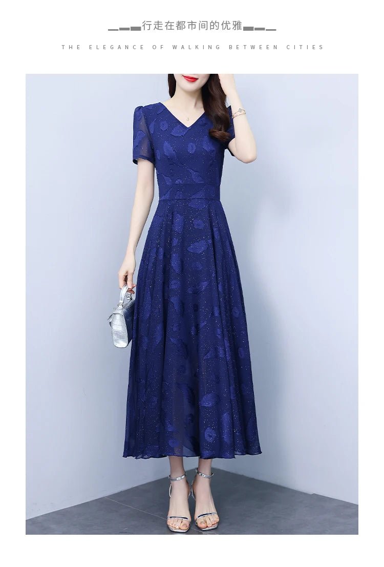 Elegant Women Long Dress 2025 Short Sleeve Summer Dress V - neck Slim A - line Jacquard Chiffon Dress Lady Vestidos - PratSN