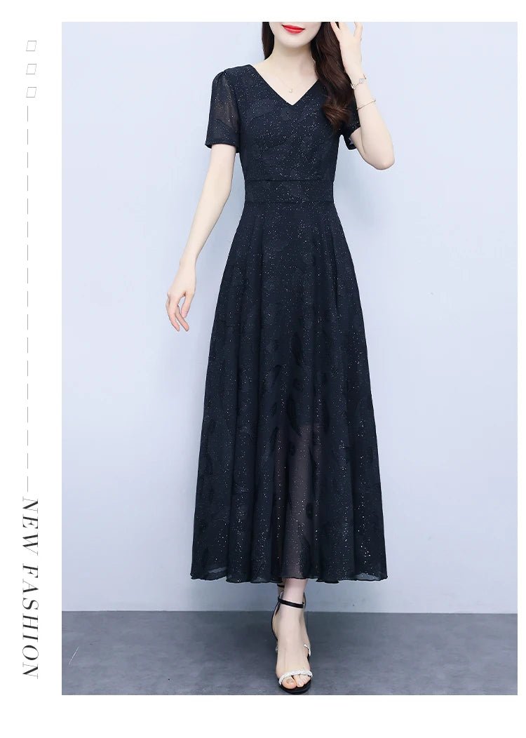 Elegant Women Long Dress 2025 Short Sleeve Summer Dress V - neck Slim A - line Jacquard Chiffon Dress Lady Vestidos - PratSN