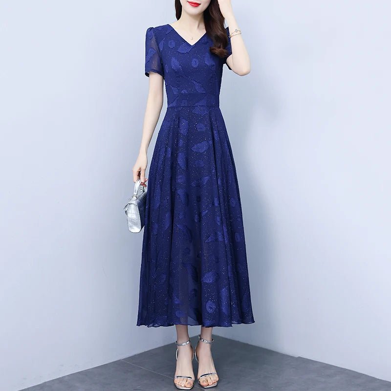 Elegant Women Long Dress 2025 Short Sleeve Summer Dress V - neck Slim A - line Jacquard Chiffon Dress Lady Vestidos - PratSN