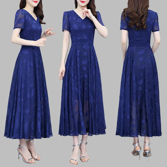 Elegant Women Long Dress 2025 Short Sleeve Summer Dress V - neck Slim A - line Jacquard Chiffon Dress Lady Vestidos - PratSN