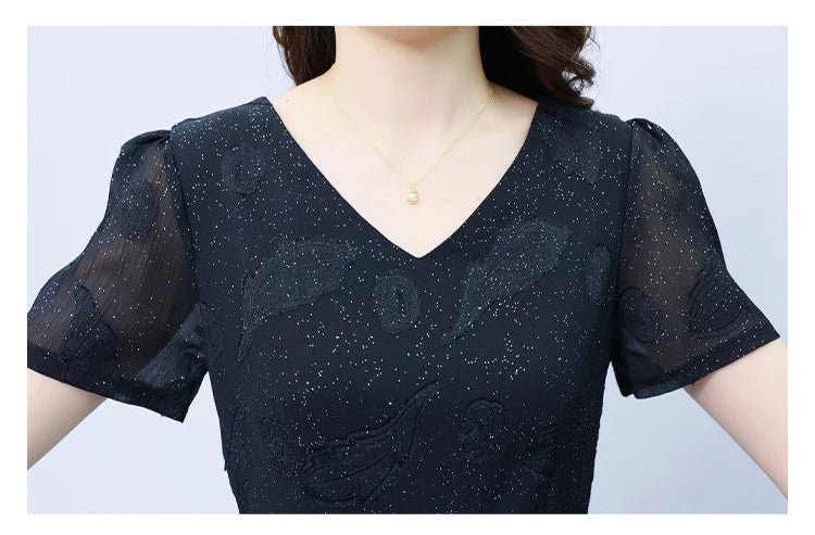 Elegant Women Long Dress 2025 Short Sleeve Summer Dress V - neck Slim A - line Jacquard Chiffon Dress Lady Vestidos - PratSN
