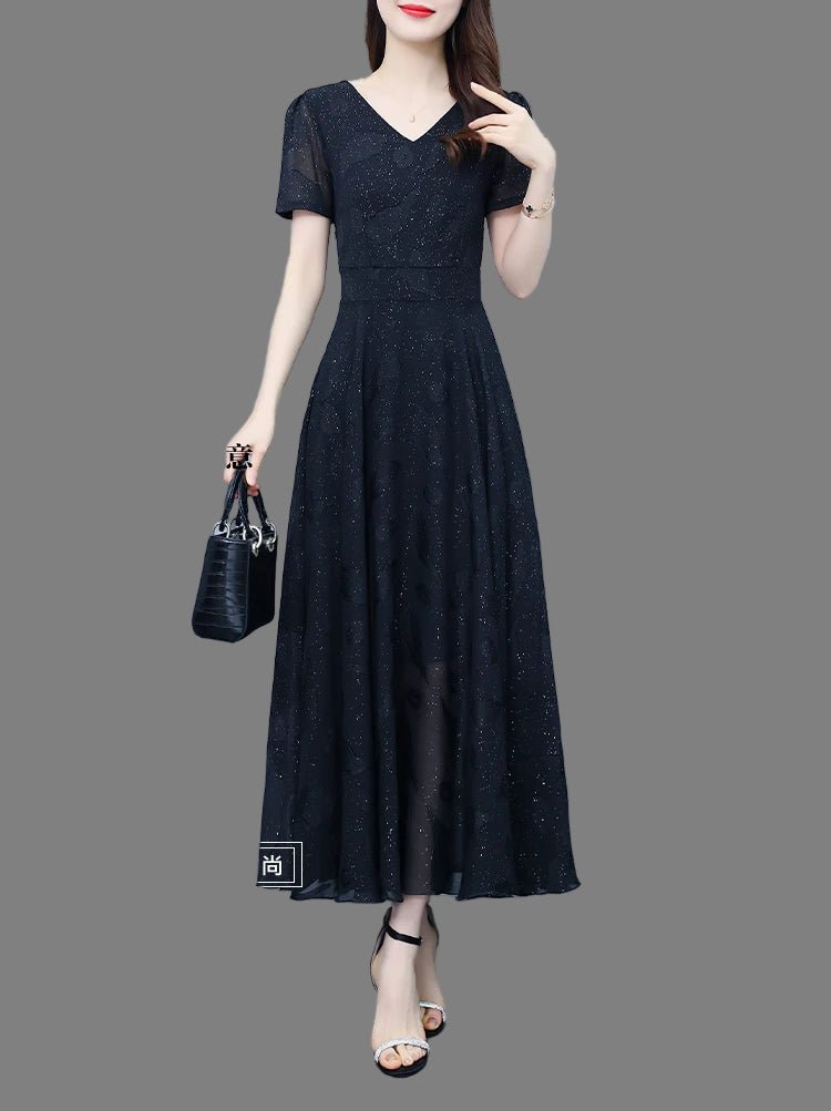 Elegant Women Long Dress 2025 Short Sleeve Summer Dress V - neck Slim A - line Jacquard Chiffon Dress Lady Vestidos - PratSN