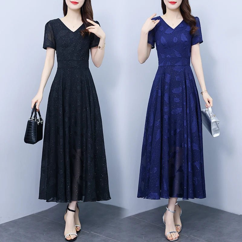 Elegant Women Long Dress 2025 Short Sleeve Summer Dress V - neck Slim A - line Jacquard Chiffon Dress Lady Vestidos - PratSN