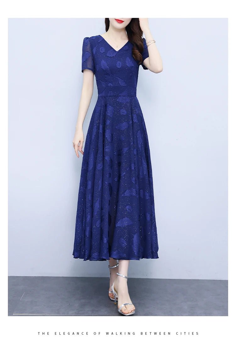 Elegant Women Long Dress 2025 Short Sleeve Summer Dress V - neck Slim A - line Jacquard Chiffon Dress Lady Vestidos - PratSN