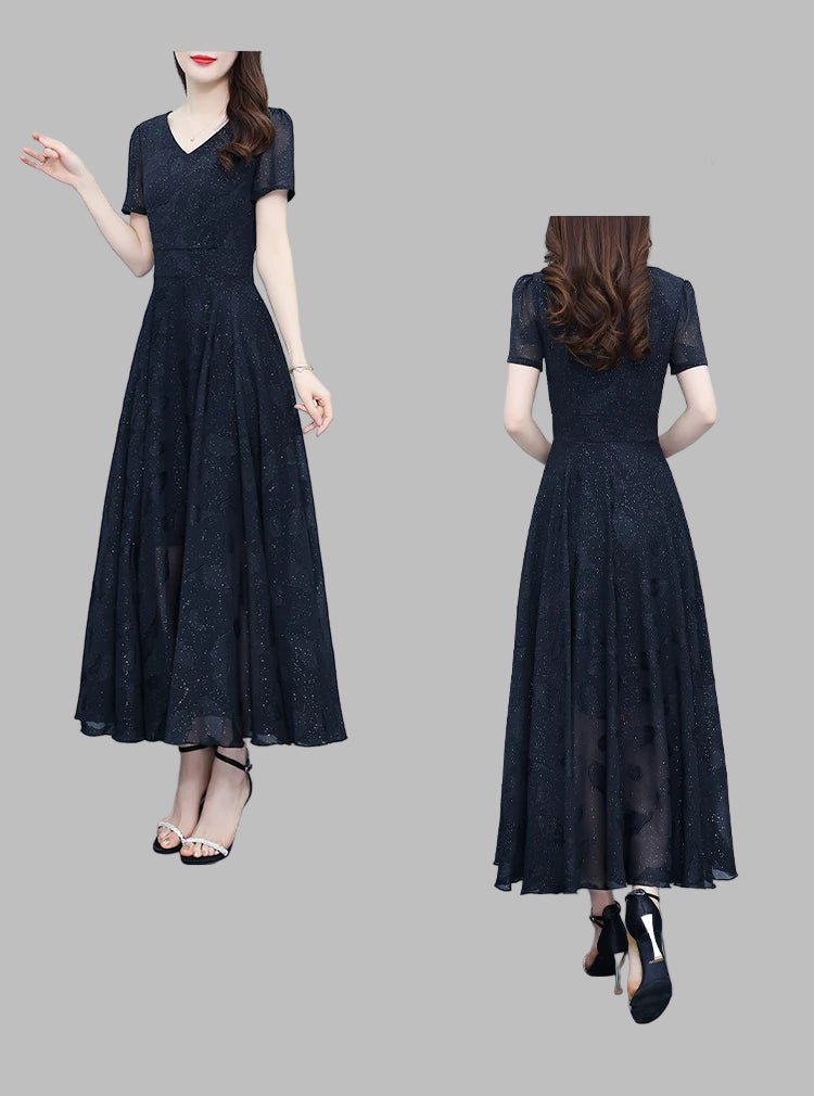 Elegant Women Long Dress 2025 Short Sleeve Summer Dress V - neck Slim A - line Jacquard Chiffon Dress Lady Vestidos - PratSN