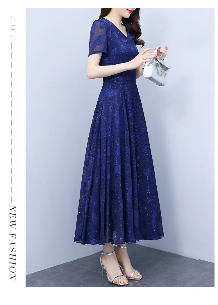 Elegant Women Long Dress 2025 Short Sleeve Summer Dress V - neck Slim A - line Jacquard Chiffon Dress Lady Vestidos - PratSN