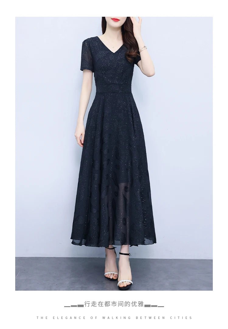 Elegant Women Long Dress 2025 Short Sleeve Summer Dress V - neck Slim A - line Jacquard Chiffon Dress Lady Vestidos - PratSN