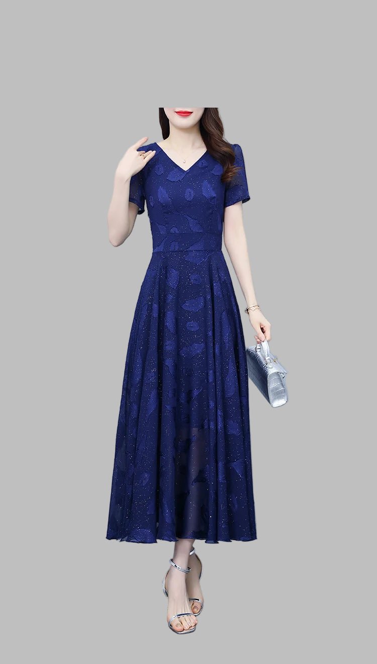 Elegant Women Long Dress 2025 Short Sleeve Summer Dress V - neck Slim A - line Jacquard Chiffon Dress Lady Vestidos - PratSN