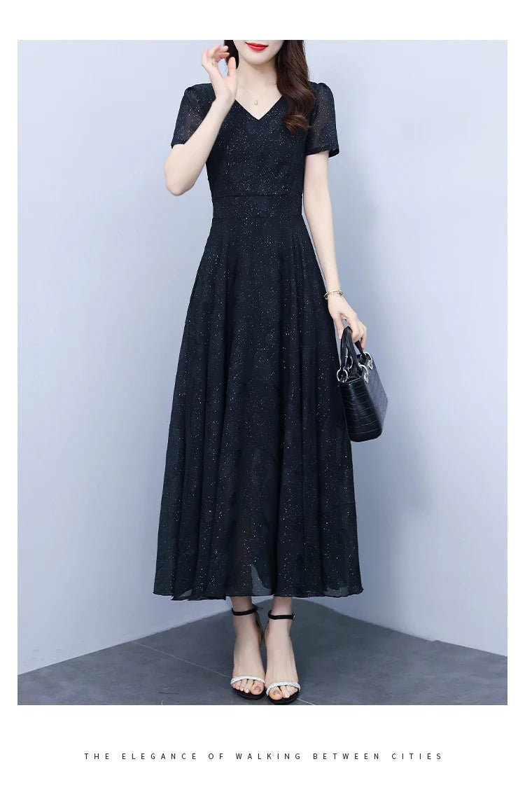Elegant Women Long Dress 2025 Short Sleeve Summer Dress V - neck Slim A - line Jacquard Chiffon Dress Lady Vestidos - PratSN