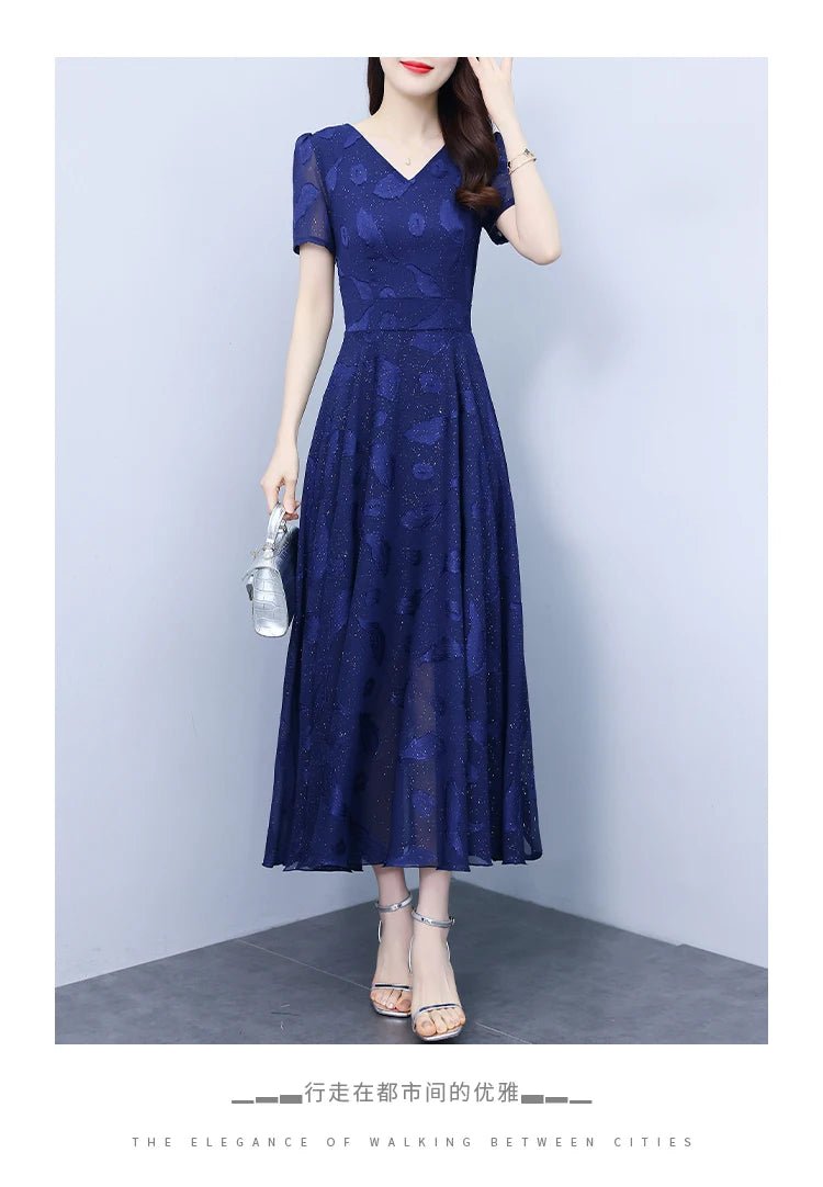 Elegant Women Long Dress 2025 Short Sleeve Summer Dress V - neck Slim A - line Jacquard Chiffon Dress Lady Vestidos - PratSN