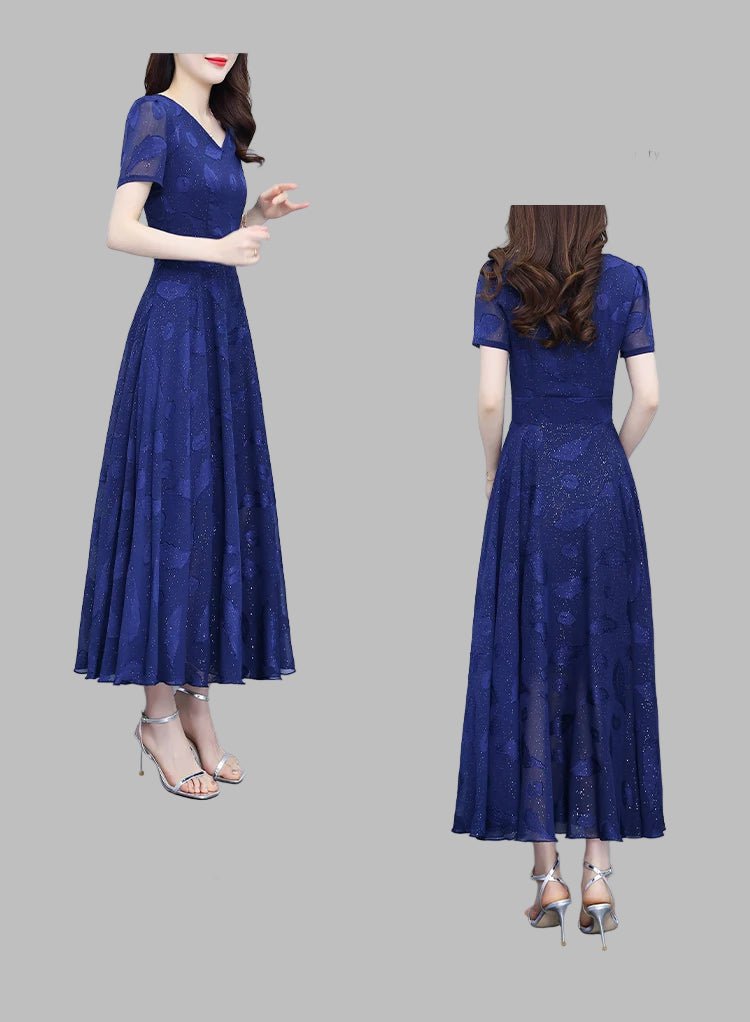 Elegant Women Long Dress 2025 Short Sleeve Summer Dress V - neck Slim A - line Jacquard Chiffon Dress Lady Vestidos - PratSN