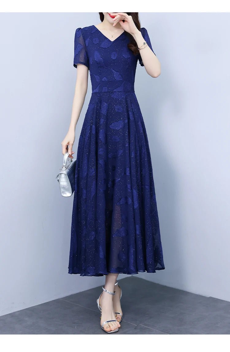 Elegant Women Long Dress 2025 Short Sleeve Summer Dress V - neck Slim A - line Jacquard Chiffon Dress Lady Vestidos - PratSN