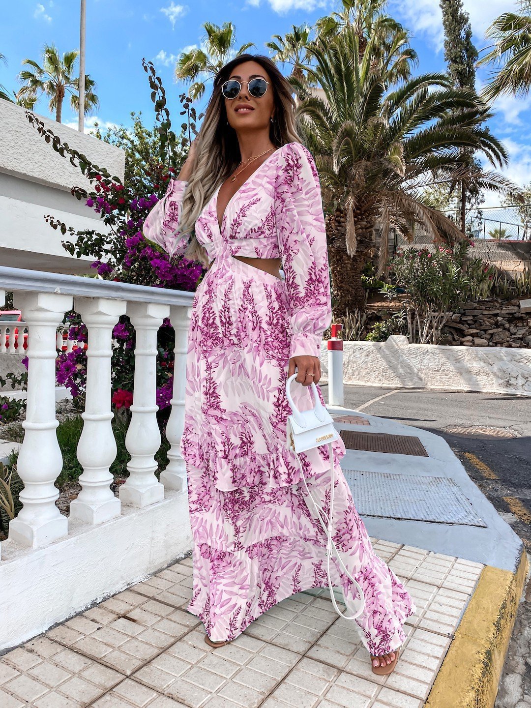 Elegant Women's Hollow Floor V - neck Long - sleeved Plant Dress Long Dresses Spring Summer Print V - neck Long Sleeve Dress - PratSN