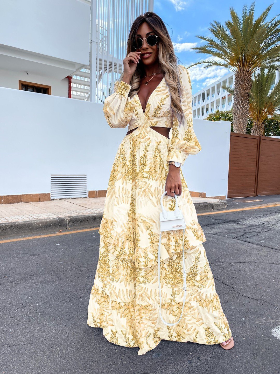 Elegant Women's Hollow Floor V - neck Long - sleeved Plant Dress Long Dresses Spring Summer Print V - neck Long Sleeve Dress - PratSN