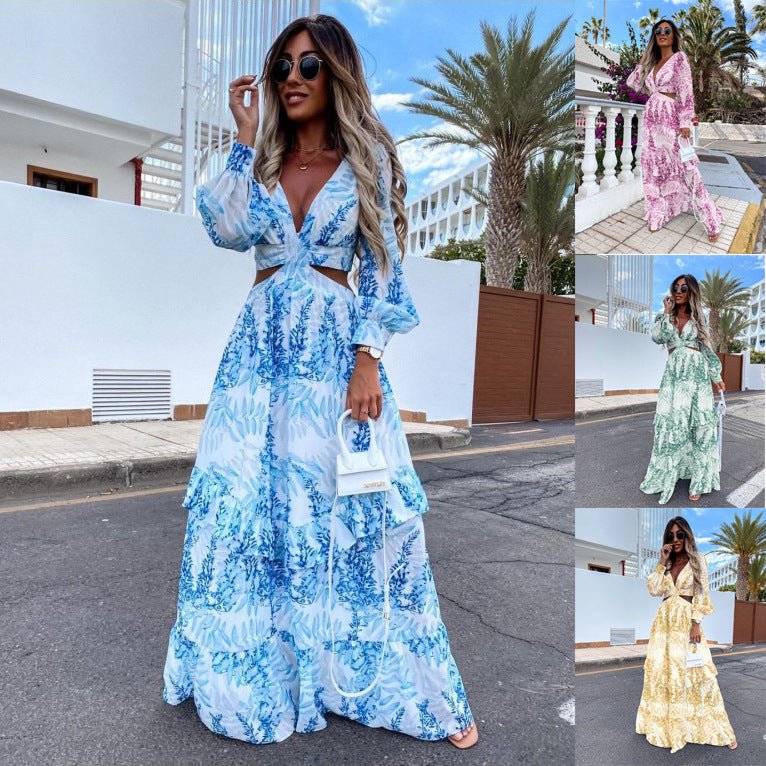 Elegant Women's Hollow Floor V - neck Long - sleeved Plant Dress Long Dresses Spring Summer Print V - neck Long Sleeve Dress - PratSN