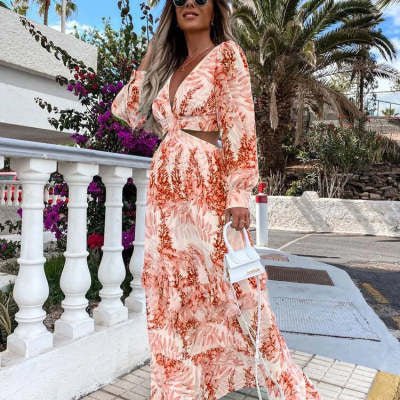 Elegant Women's Hollow Floor V - neck Long - sleeved Plant Dress Long Dresses Spring Summer Print V - neck Long Sleeve Dress - PratSN