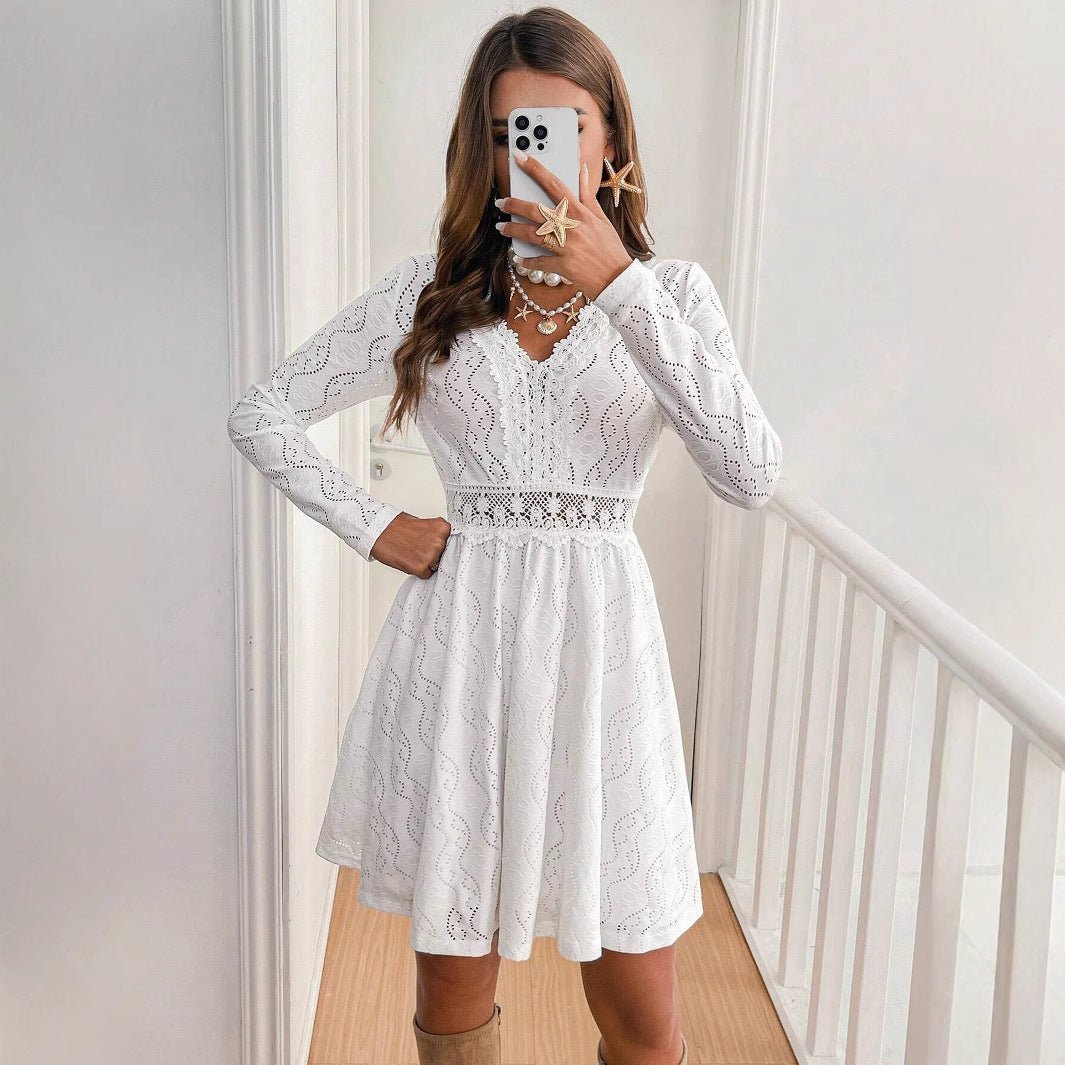 Elegant Women's Solid Color Lace Patchwork Mini Holiday Dress - PratSN
