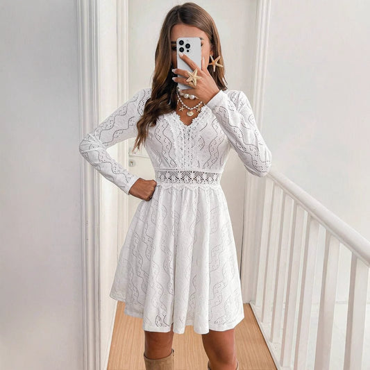 Elegant Women's Solid Color Lace Patchwork Mini Holiday Dress - PratSN