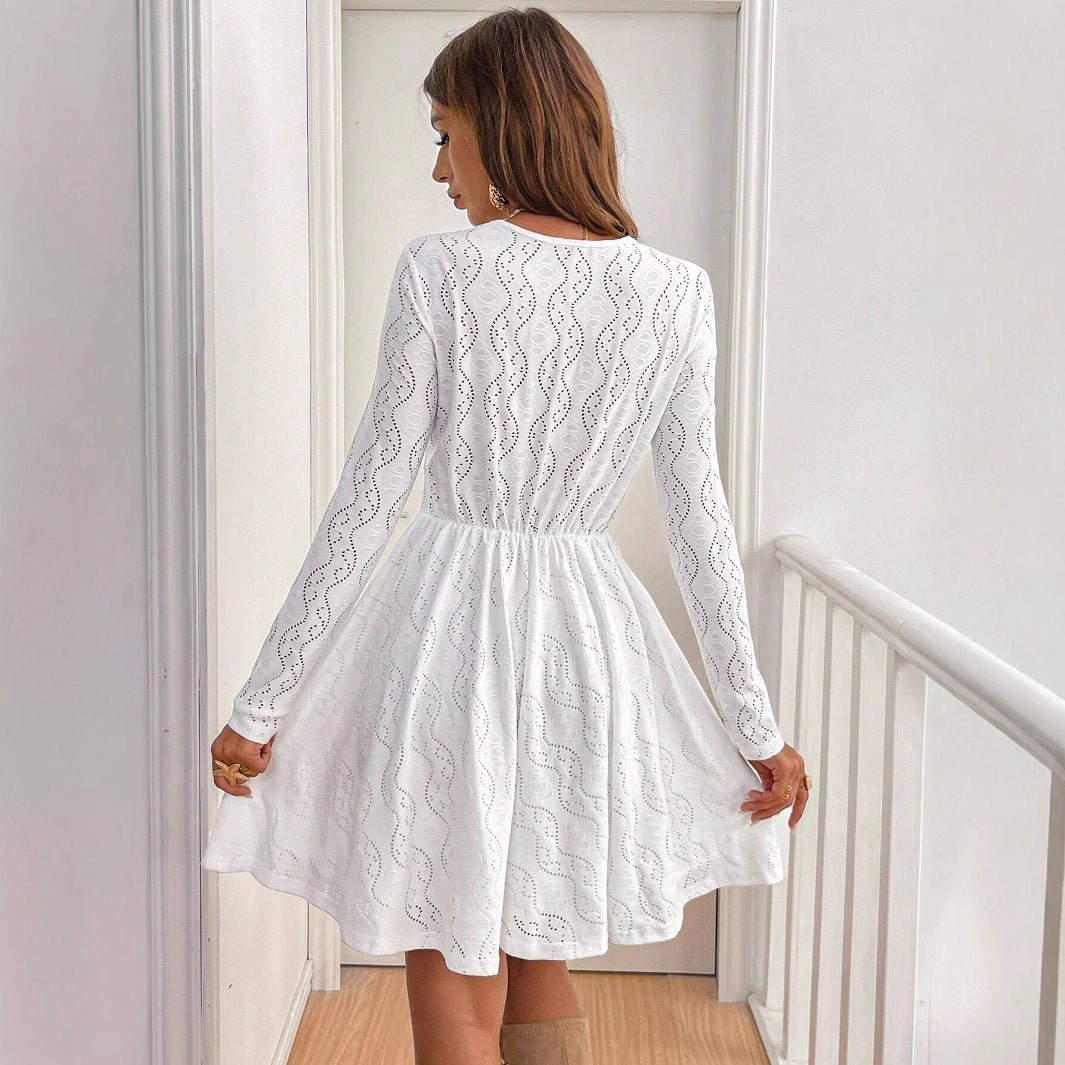 Elegant Women's Solid Color Lace Patchwork Mini Holiday Dress - PratSN
