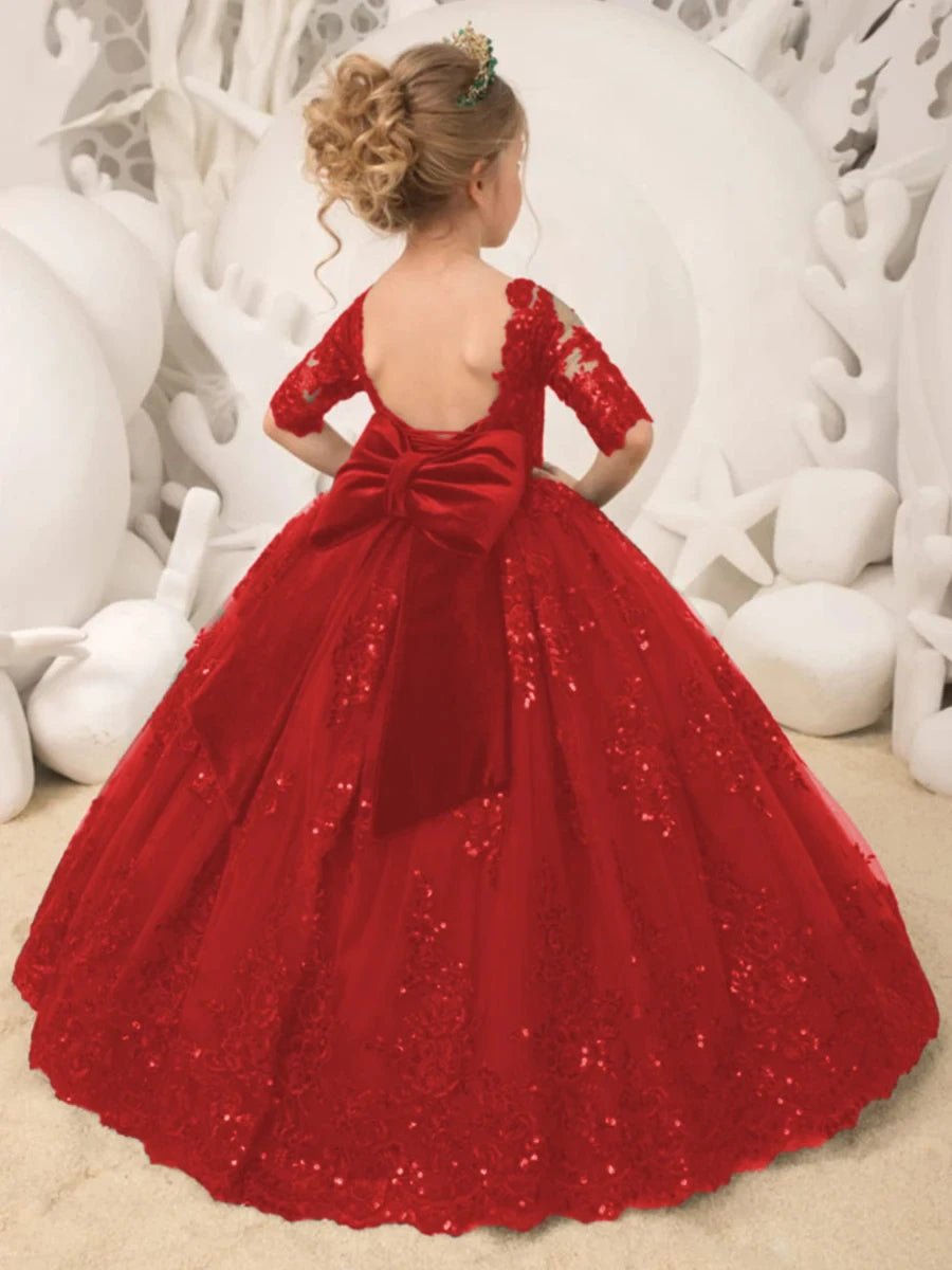 Emerald Green Long Princess Flower Girl Dresses Appliques Bow Tulle Half Sleeve Wedding Party Ball Gown Birthday Pageant Robe - PratSN