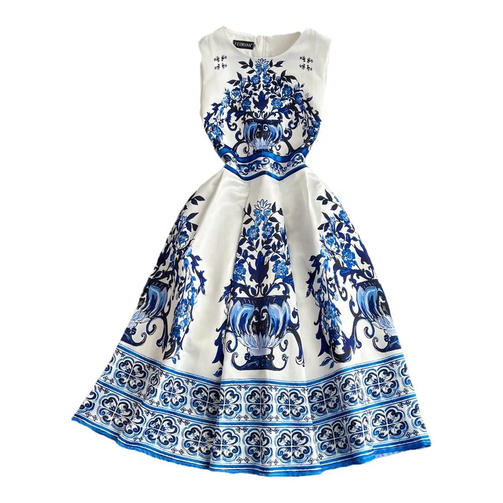Europe and the United States Senior Sense of Fashion Round Neck Waist Sleeveless Blue Printed Dress Summer - PratSN