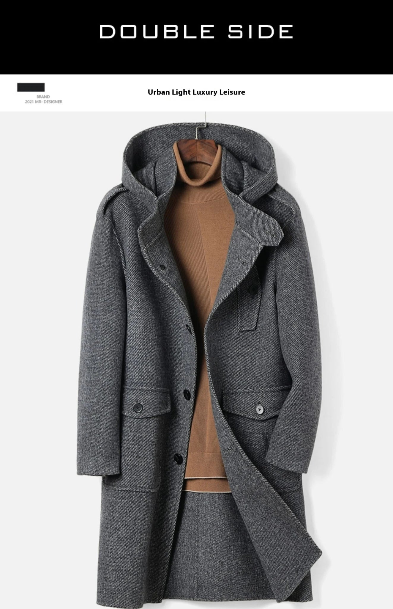 European American Fashion Mid - Length Single - Breasted Hooded Wool Coat for Men New High - Count Double - Sided Trench Jacket for - PratSN