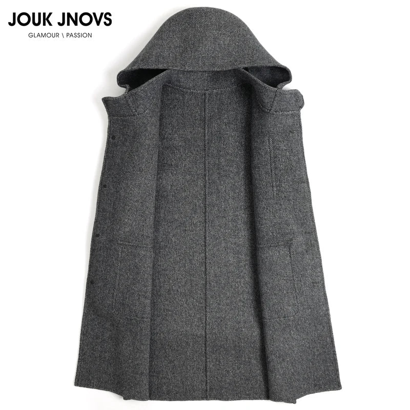 European American Fashion Mid - Length Single - Breasted Hooded Wool Coat for Men New High - Count Double - Sided Trench Jacket for - PratSN