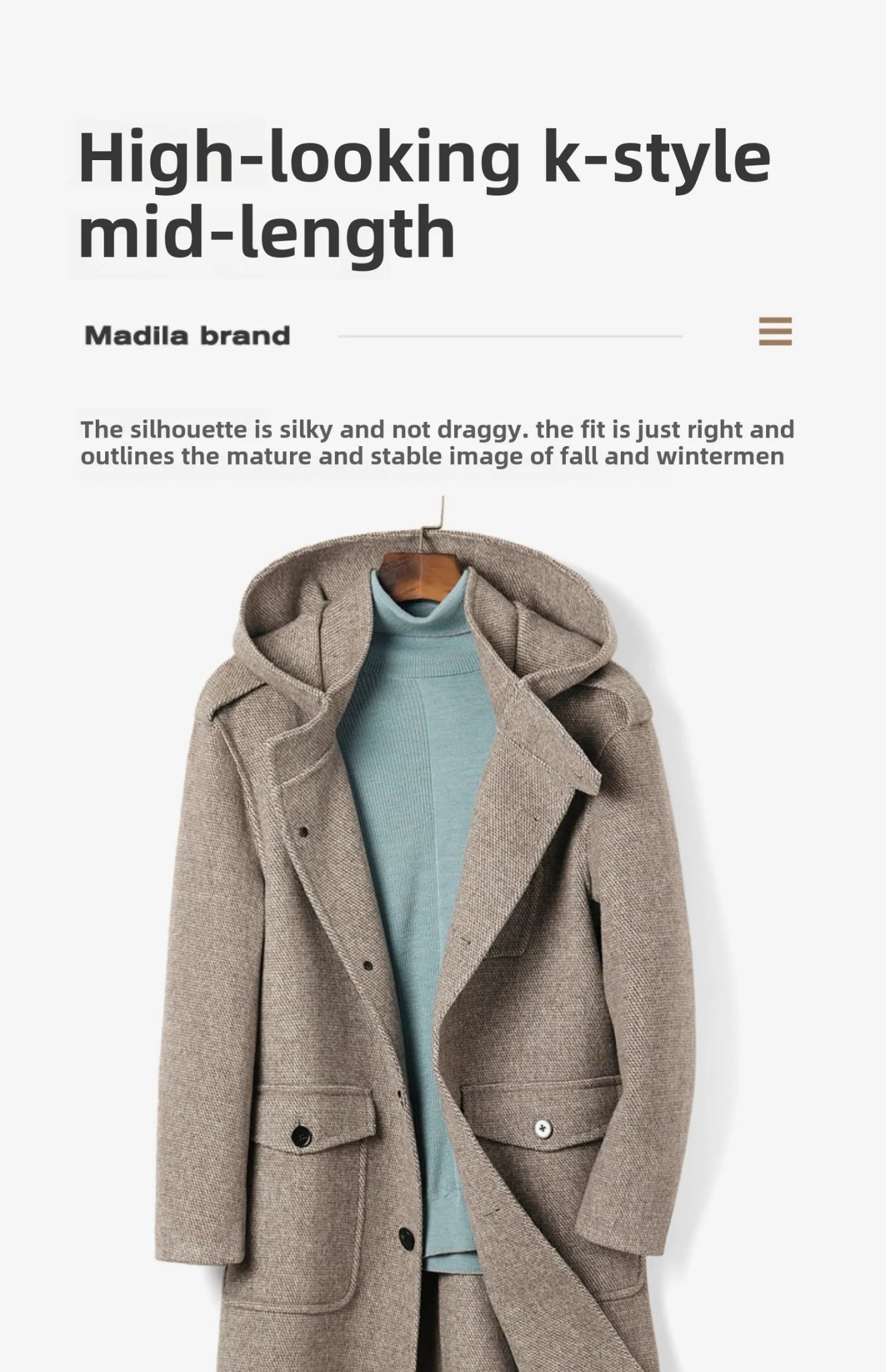 European American Fashion Mid - Length Single - Breasted Hooded Wool Coat for Men New High - Count Double - Sided Trench Jacket for - PratSN