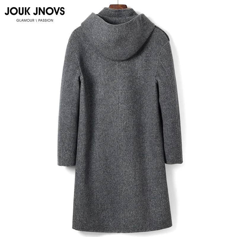 European American Fashion Mid - Length Single - Breasted Hooded Wool Coat for Men New High - Count Double - Sided Trench Jacket for - PratSN