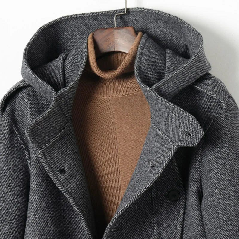 European American Fashion Mid - Length Single - Breasted Hooded Wool Coat for Men New High - Count Double - Sided Trench Jacket for - PratSN