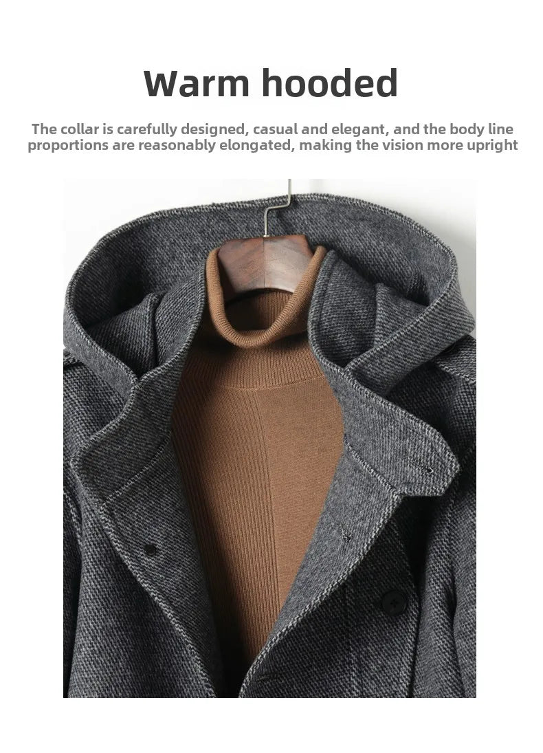 European American Fashion Mid - Length Single - Breasted Hooded Wool Coat for Men New High - Count Double - Sided Trench Jacket for - PratSN