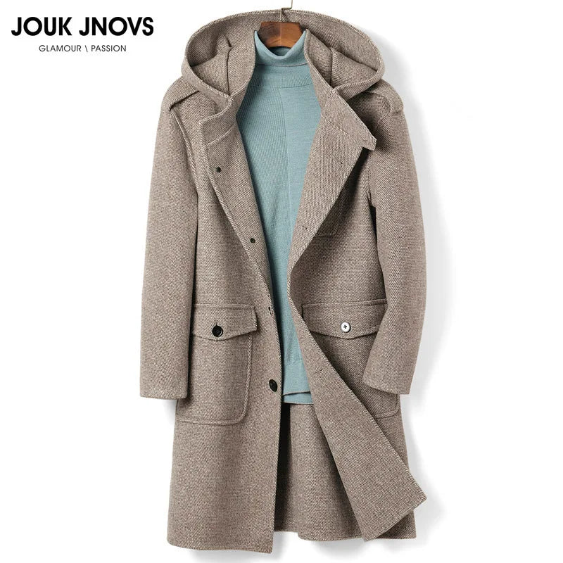 European American Fashion Mid - Length Single - Breasted Hooded Wool Coat for Men New High - Count Double - Sided Trench Jacket for - PratSN