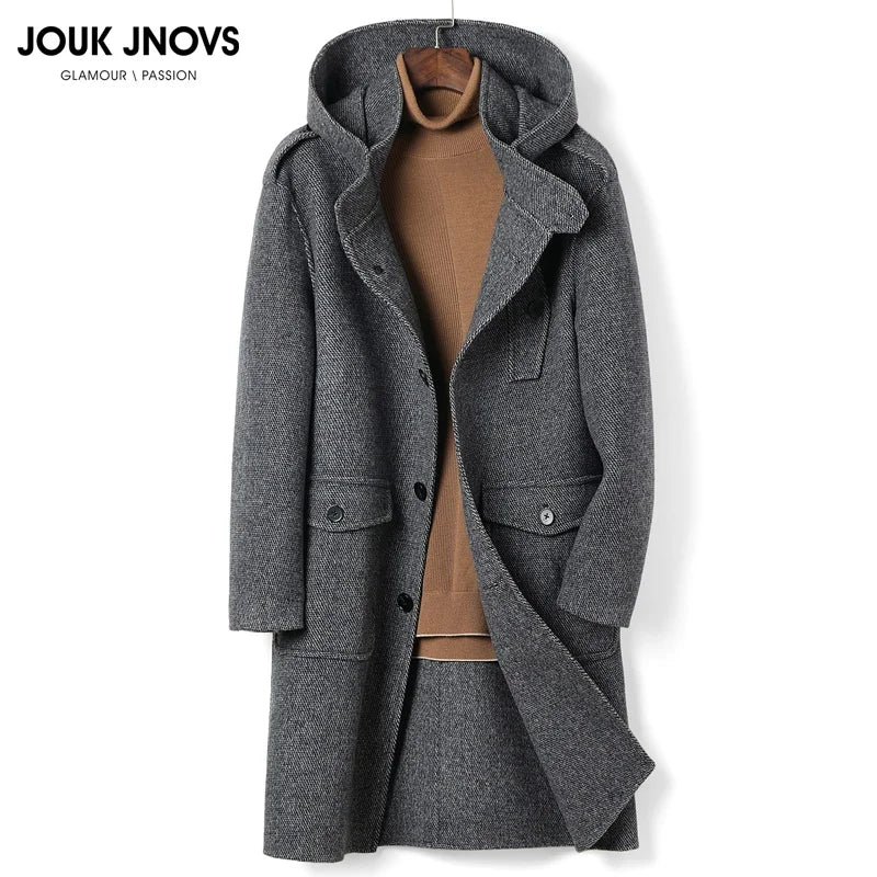 European American Fashion Mid - Length Single - Breasted Hooded Wool Coat for Men New High - Count Double - Sided Trench Jacket for - PratSN