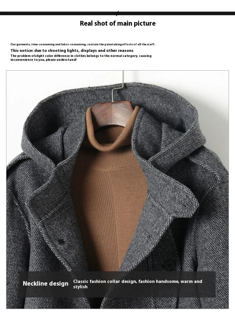 European American Fashion Mid - Length Single - Breasted Hooded Wool Coat for Men New High - Count Double - Sided Trench Jacket for - PratSN