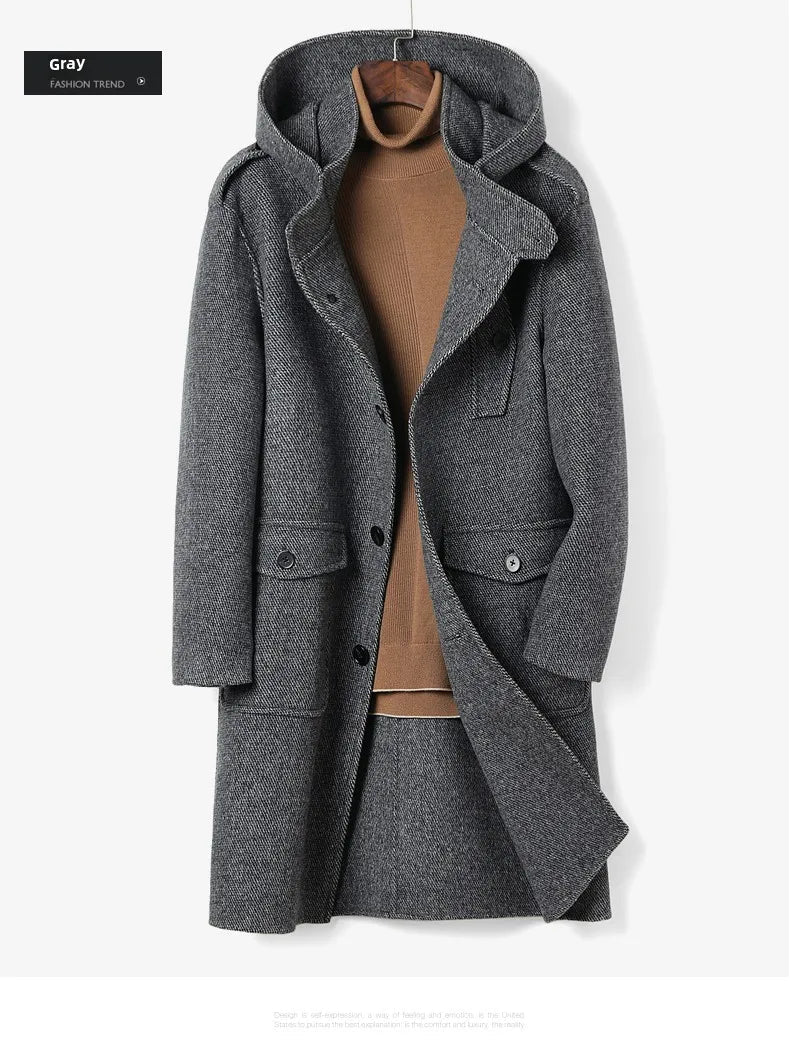 European American Fashion Mid - Length Single - Breasted Hooded Wool Coat for Men New High - Count Double - Sided Trench Jacket for - PratSN