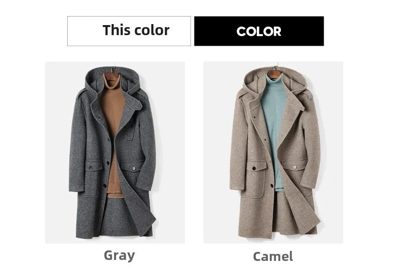 European American Fashion Mid - Length Single - Breasted Hooded Wool Coat for Men New High - Count Double - Sided Trench Jacket for - PratSN