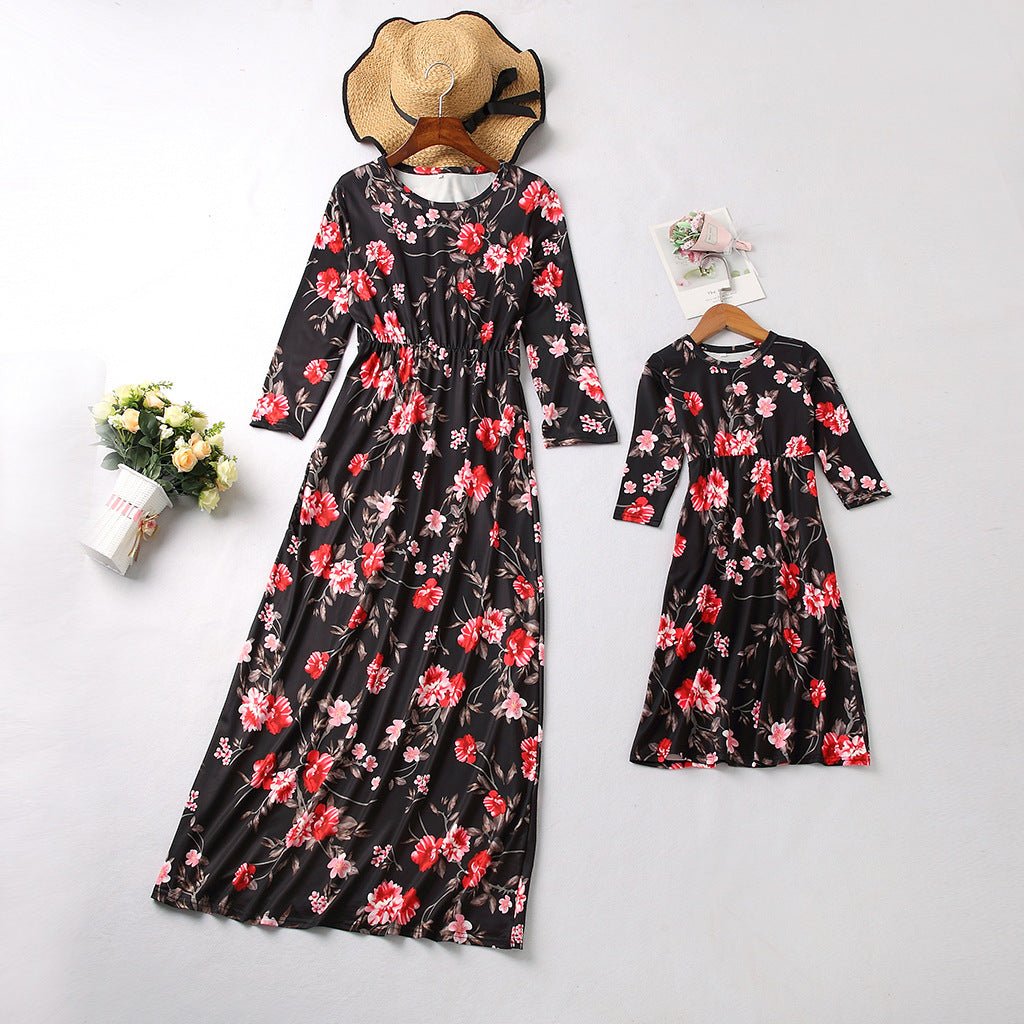 European And American Foreign Trade Mother - Daughter Parent - Child Clothing Ebay Long - Sleeved Flower Print Dress Long Skirt - PratSN