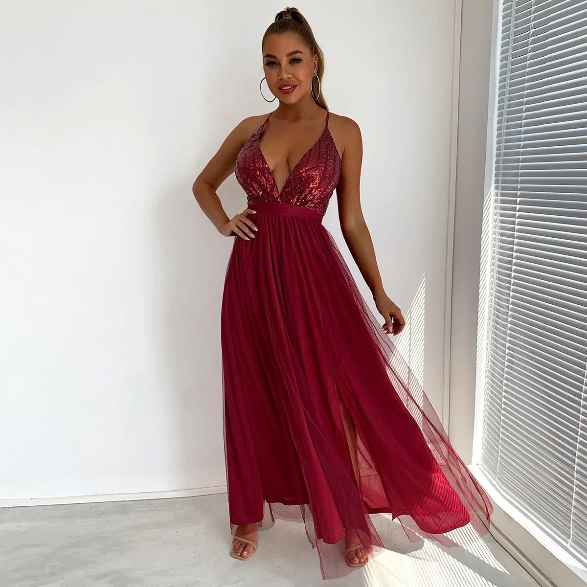European Style Women's Clothing Summer Sequin Dresses Sleeveless V - neck New Solid Color Sexy Sling Slit Long Dress - PratSN